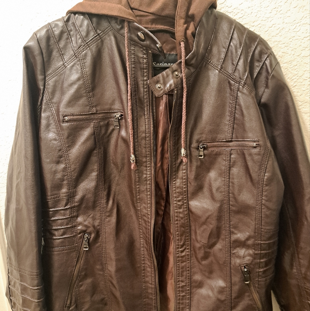 Elegant Vintage Unisex Springrain Dark Brown 100% Leather Hooded Jacket  XL